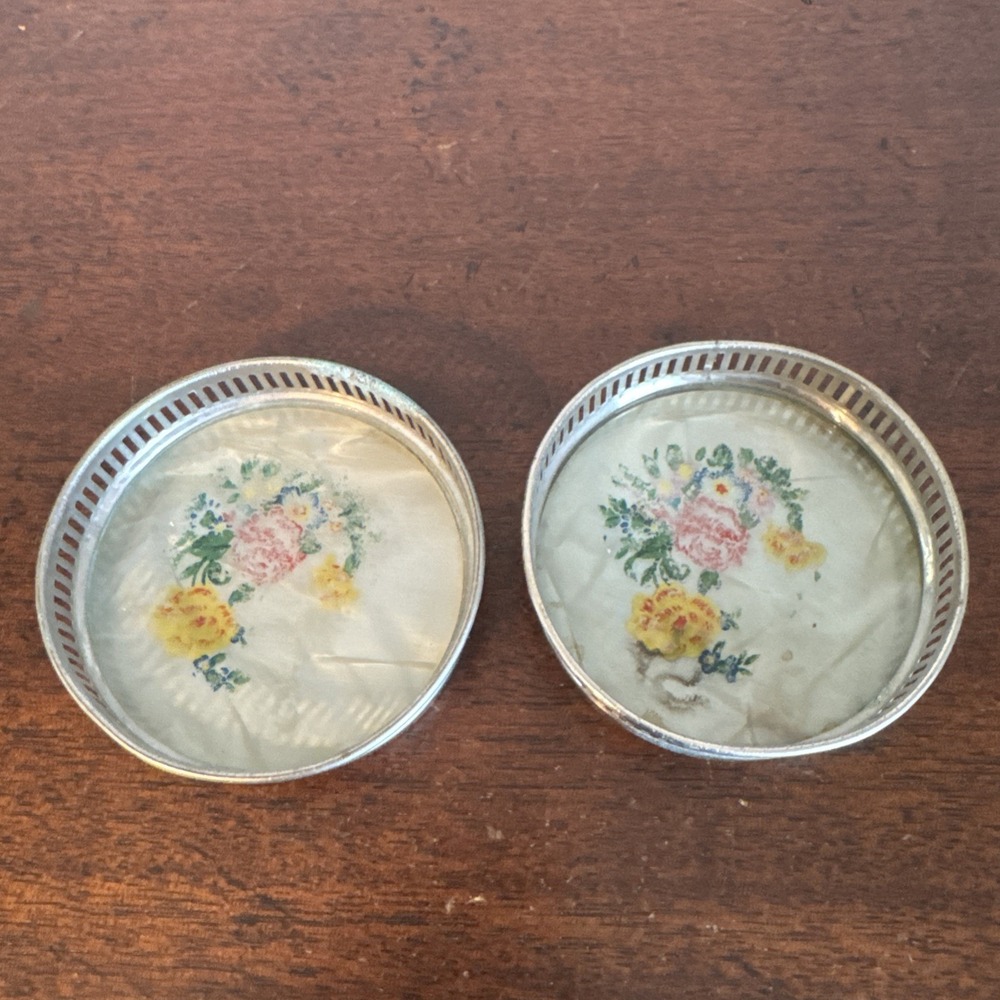 2 - 2.75" Vintage Round Glass And Metal Coasters Floral Design Japan Lot